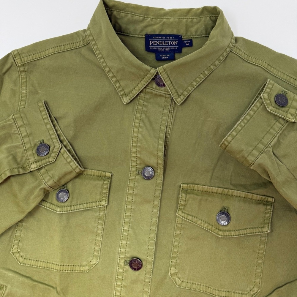 Pendleton Womens Petite Medium Olive‎ Green Cotton Utility Jacket Button Front